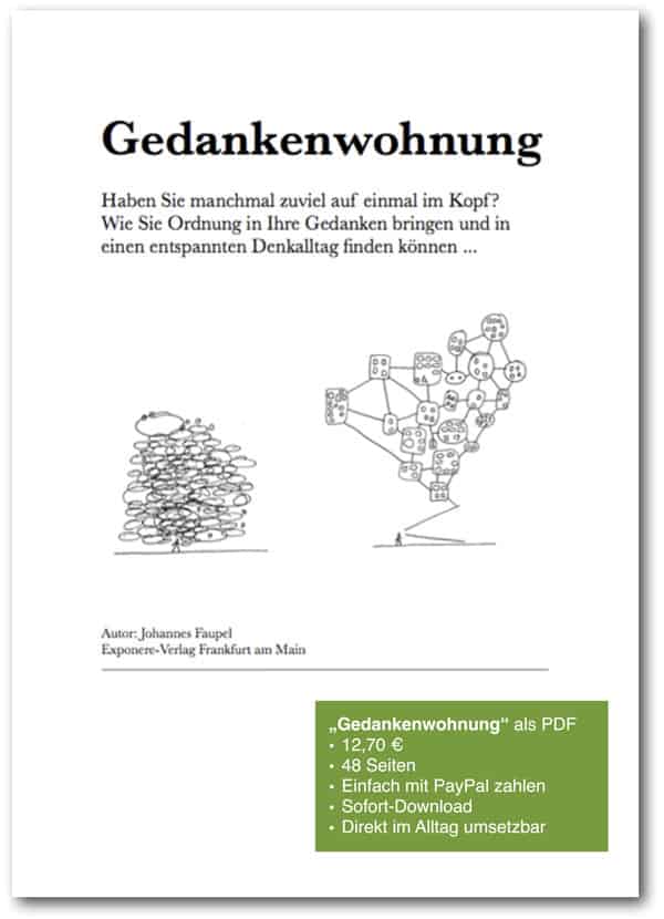 Handgezeichnetes Schema der Gedankenwohnung: chaotischer Gedankenknäuel links, geordnetes Raumsystem rechts